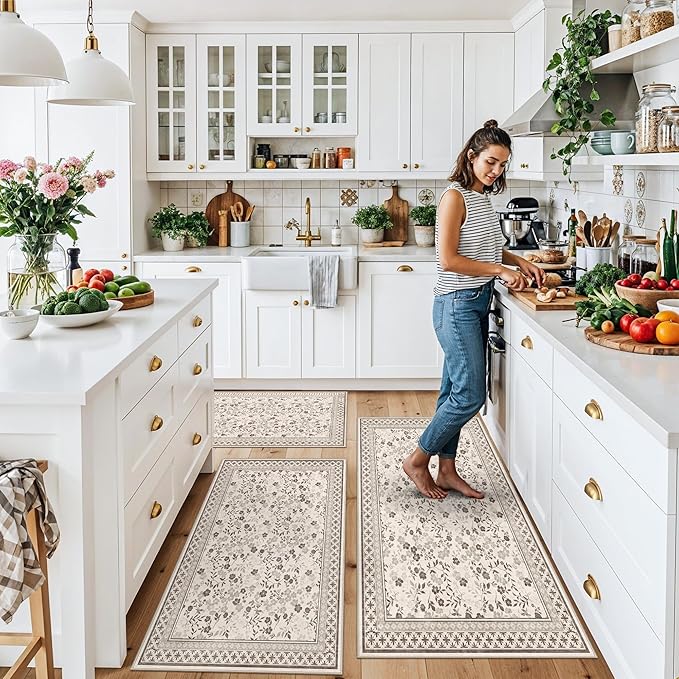 3-Piece Kitchen Rugs Set for Floor, Washable Non-Slip Farmhouse Kitchen Mats for Hardwood Floor, Rustic Floral Boho Runner Rug for Sink,Entryway & Hallway & Bathroom (Beige/Brown/Floral,2x3-2x4-2x5)