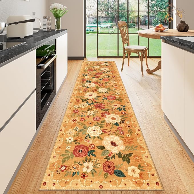 DUKINO 2x8 Runner Rug for Hallway, Washable Kitchen Runner Rug with Rubber Backing Non Slip, Low Pile Soft Boho Floral Thin Carpet for Entryway, Hallway, Bathroom, Laundry Room, Orange