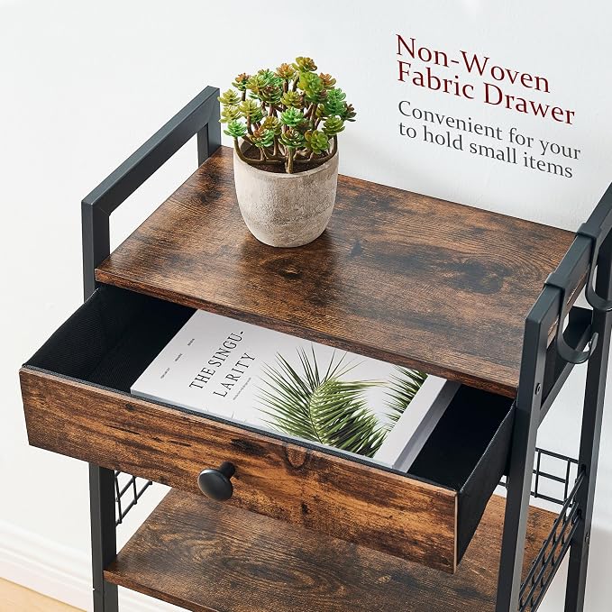 Gewudraw 3-Tier Ladder Shelf with Drawer, Bathroom Table Stand for Small Space, Bathroom Standing Shelves with Storage for Living Room Bedroom Kitchen, Organizer Shelf, Rustic Brown