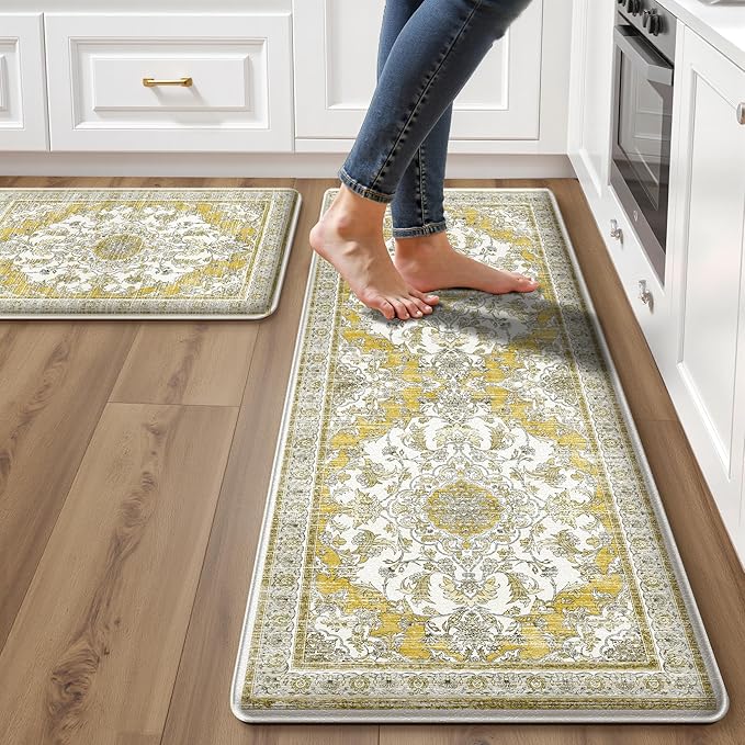 Boho Kitchen Mats for Floor 2 Piece Set Anti Fatigue Cushioned PVC Kitchen Rugs Non Slip Waterproof Farmhouse Mats 2/5 Inch Comfort Standing Mat for Sink, Laundry, 17.3"x47"+17.3"x28", Yellow