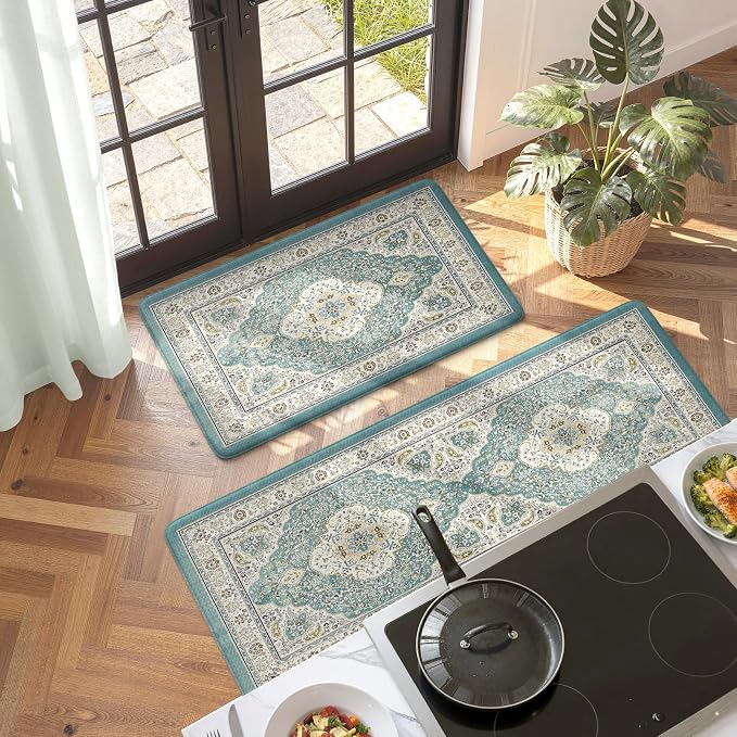 Collive Boho Anti Fatigue Kitchen Mats Sets 2 Piece Non Skid Kitchen Mats for Floor Cushioned Kitchen Rugs and Mats Waterproof Ergonomic Comfort Standing Mat Runner for Kitchen,Home,Office,Laundry