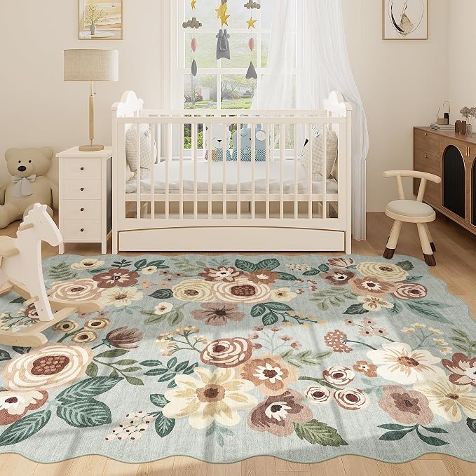 DUKINO 6x9 Area Rug, Floral Washable Rugs for Living Room with Non Slip Backing & Non-Shedding, Lightwight Low Pile Boho Design Large Carpets for Bedroom, Living Room, Dining Room, Sage Green
