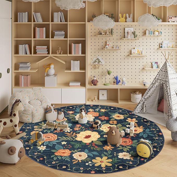 DUKINO Floral Round Rug, 6ft Washable Circle Rug, Non Slip Indoor Low Pile Circle Rug, Soft Small Boho Design Carpet for Bedroom, Entryway, Living Room, Dining Room, Dark Blue