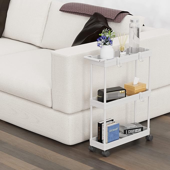 Simple Houseware 3-Tier Slim/Narrow Storage Cart with Handle, 5.5'' Wide x 27.5'' Height Rolling Organizer for Kitchen, Bathroom, Laundry Room - White