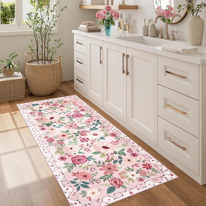 DUKINO 2x5 Runner Rug for Hallway, Washable Kitchen Floral Runner Rug with Non Slip Backing, Low Pile Soft Boho Carpet for Kitchen, Hallway, Entryway, Laundry, Bedroom, Pink