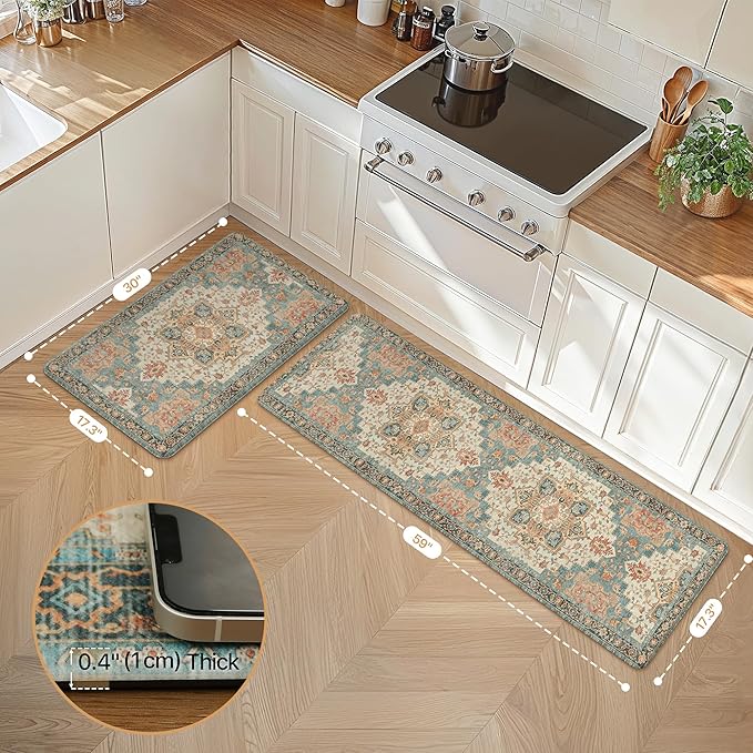 GENIMO Kitchen Mats for Floor 2PCs, Washable Anti Fatigue Mat for Cushioned, 17.3"x59"+17.3"x30", Waterproof Kitchen Rugs, Non Slip Comfort Standing Mat Rug for Home, Laundry, Peach Orange