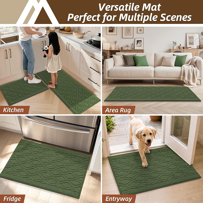 COSY HOMEER Kitchen Rugs 24"x35" Non-Slip Washable Kitchen Mats for Floor Polypropylene Absorbent Kitchen Floor Mat for Kitchen Sink Entryway,Green