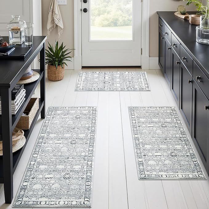 GRANNY SAYS Boho Kitchen Rug Sets of 3, Non Slip Washable Faux Wool Kitchen Mats for Floor, Thick Soft Anti-Fatigue Comfort Standing Mat Runner Rugs for Hallway Laundry Room, Grey