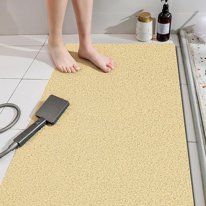 Shower Mat Non Slip 58x32 Inch, Quick Drying PVC Loofah Bath Mats, Easy Clean Soft Bathroom Rugs for Tub Floor, Shower, Khaki
