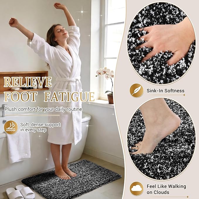 Yimobra Black and White Bathroom Rugs Non Slip Washable, Ultra Soft and Water Absorbent Bath Mats, Plush Fluffy Shower Mat Outside, Microfiber Thick Matts for Bathroom Floor/Sink, 24x17