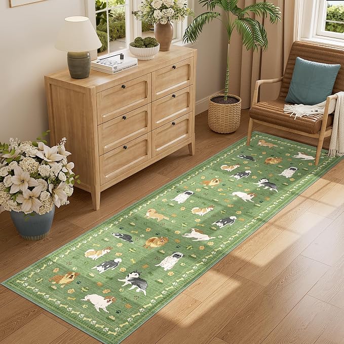 DUKINO 2x10 Runner Rug for Hallway, Washable Animal Dog Print Kitchen Rug with Low Pile, Soft Non Slip Indoor Non Shedding Long Carpet Runner for Entryway, Bedroom, Bathroom, Laundry, Green