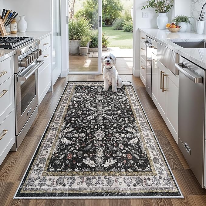 4x6 Kitchen Rug Non-Slip Washable – Boho Vintage Low-Pile Soft Area Carpet for Entryway, Bedroom, Living Room – Stain-Resistant Thin Indoor Rug for Families and Pet Owners (Black, 4x6)