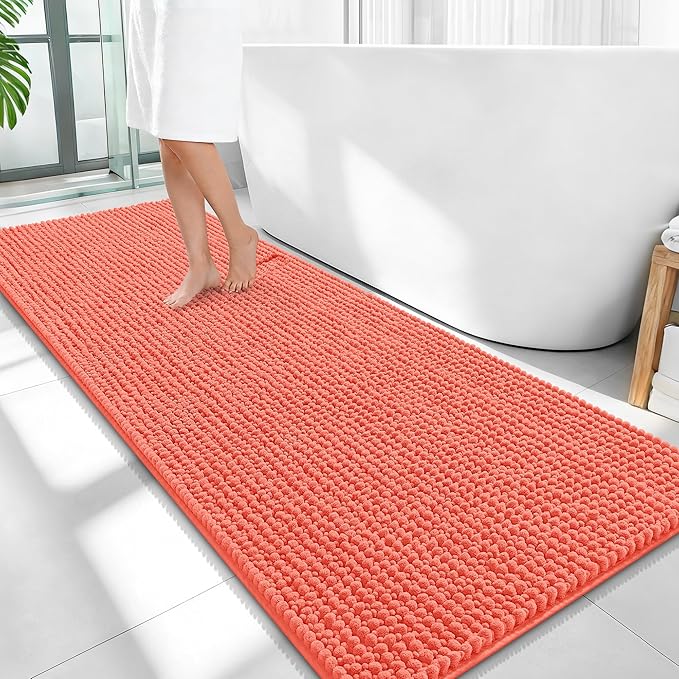 OLANLY Thick Bathroom Runner Rugs 59x24, Extra Soft Absorbent Chenille Bath Rugs, Rubber Backing, Machine Wash Dry, Long Bath Mats for Bathroom Floor, Tub and Shower, Home Decor Accessories, Coral