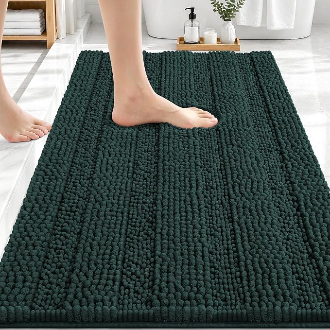 OLANLY Thick Bathroom Rugs 30x20, Extra Absorbent Chenille Striped Bath Rugs, Rubber Backing, Machine Wash Dry, Bath Mats for Bathroom Floor, Tub and Shower, Home Decor Accessories, Blackish Green