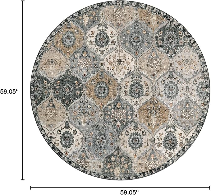 Lahome Moroccan Washable Round Rug 5ft, Soft Vintage Circle Rug for Dining Room Office Bedroom Bathroom Entryway, Distress Non Slip Low Pile Stain Resistant Accent Rug Elise, Grey