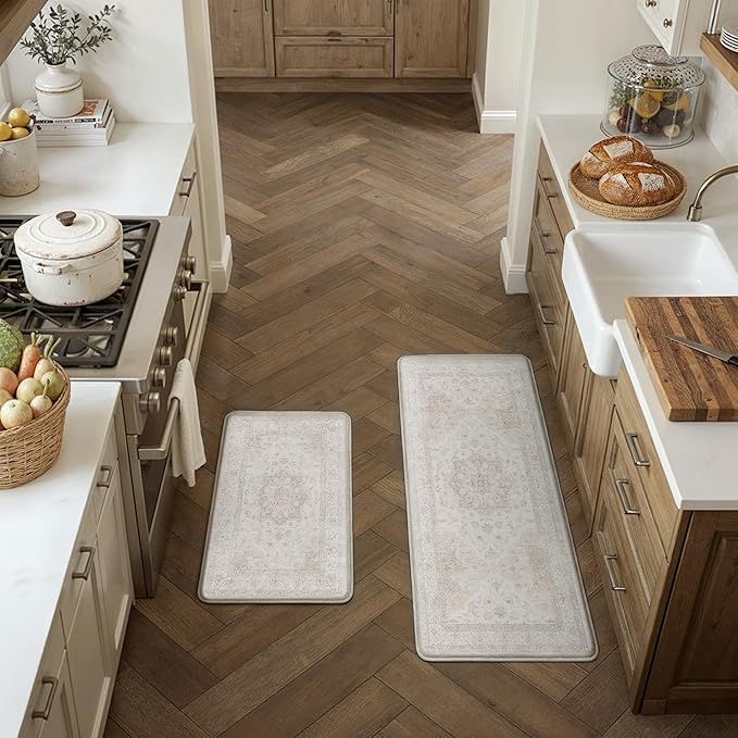 PureCozy Kitchen Mats 2PCS Anti Fatigue Cushioned Mat Beige Vintage Kitchen Mats for Floor Waterproof Non Slip Comfort Standing Oriental Medallion Rug for Sink Laundry Office 17.3"x47"+17.3"x30"
