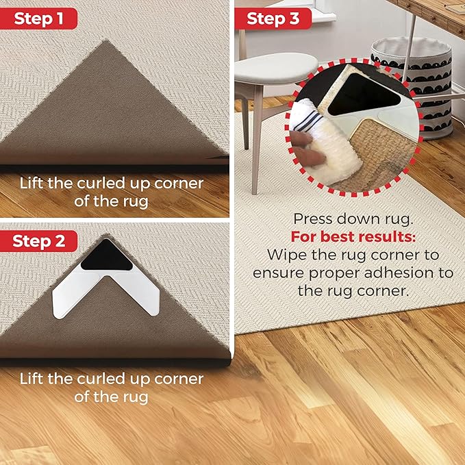 StepNGrip iPrimio Rug Gripper - Secure Rug Corner Grippers for Indoor & Outdoor Use - Helps Prevent Curling & Slipping - Ideal Carpet Tape to Keep from Curling - 6.5 x 6.5 inches - White (Pack of 8)