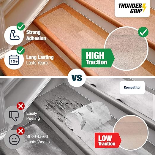 Clear Stair Treads Non-Slip 24"x4" - 18-Pack Indoor Stair Grips Non Slip for Wooden Steps - Anti Slip Adhesive Strips for Dogs & Elderly - Staircase Step Treads - Transparent Treads for Wood Stairs