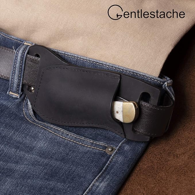 Gentlestache Leather Pocket Knife Sheath for Belt, Folding Knife Holster, EDC Belt Sheath, Compact Draw Black