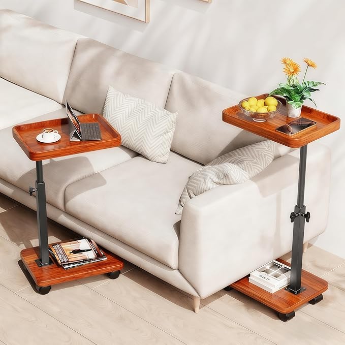 C Table End Table Adjustable Height, 360°Swivel TV Tray Table for Small Spaces, Side Tables with Wheels for Living Room and Bedroom, Bed (Yellow)