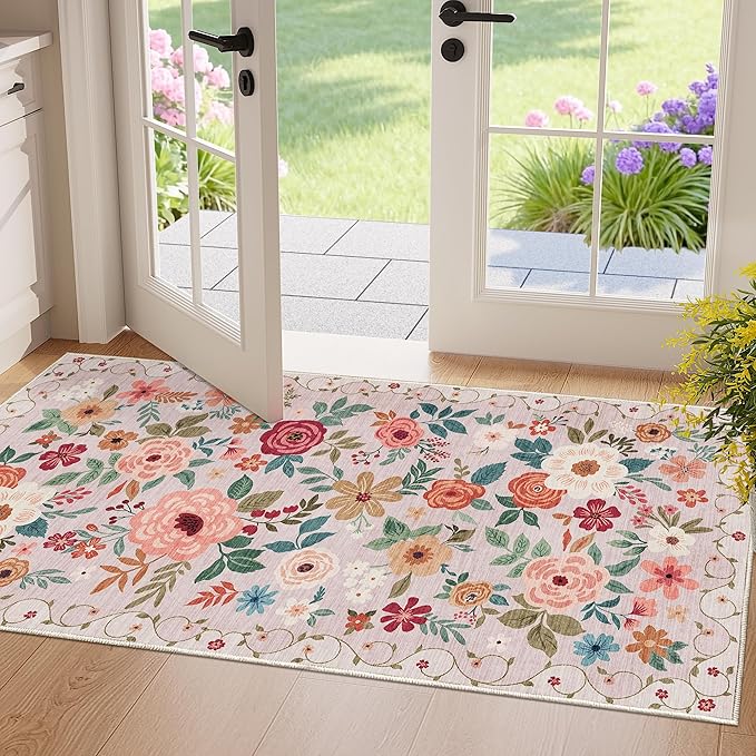 DUKINO 2x4 Rug for Entryway, Washable Kitchen Floral Runner Rug with Non Slip Backing, Low Pile Soft Boho Carpet for Kitchen, Hallway, Entryway, Laundry, Bedroom, Beige