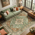 RELEANY Area Rugs 6'x9' Washable Non-Slip, Floral Vintage Distress Medallion Carpet for Living Room Bedroom Dining Room, Terracotta Burnt Orange Green