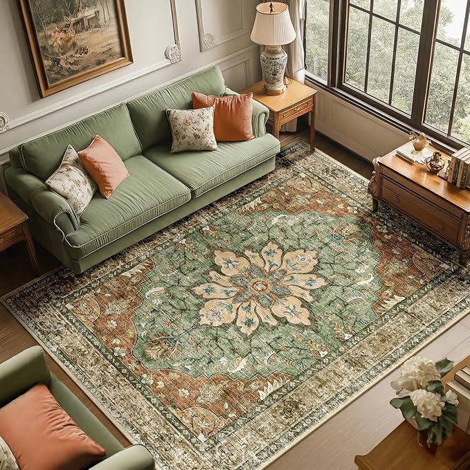 RELEANY Area Rugs 6'x9' Washable Non-Slip, Floral Vintage Distress Medallion Carpet for Living Room Bedroom Dining Room, Terracotta Burnt Orange Green