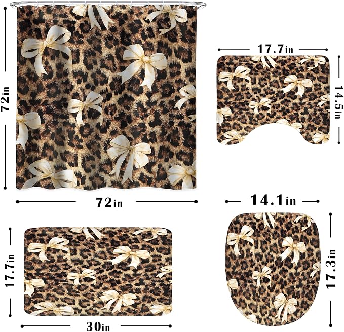 4 PCS Beige Bow Leopard Print Shower Curtain Set 72Wx72H,Toilet Lid Cover,Non-Slip Rugs and U-Shaped Mat,Vintage Chic Bathroom Sets with Rugs Shower Accessories 12 Hooks for Bathroom Decor
