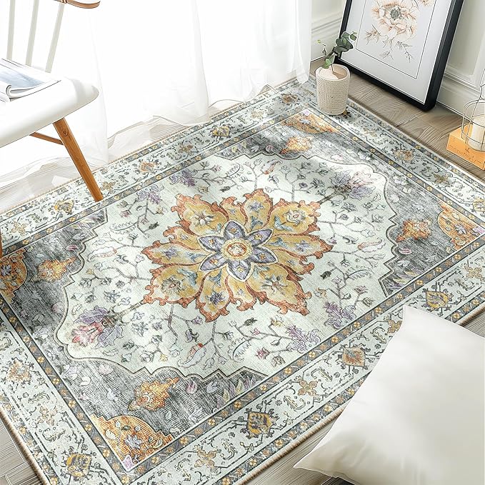 RELEANY Area Rugs 3'x4' Washable Non-Slip, Floral Vintage Distress Medallion Carpet for Living Room Bedroom Dining Room, Beige Carbon Grey Orange