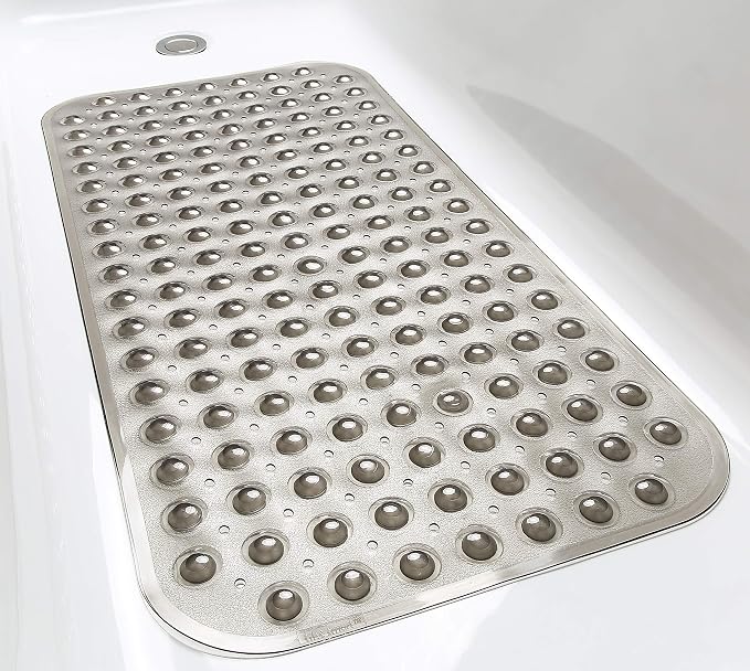 Medium Non-Slip Bathtub & Shower Mat 31x16 (Smooth/Non-Textured Tubs Only) Safe, Clean, Machine-Washable, Superior Grip&Drainage, Vinyl, Transparent Gray (Grey)