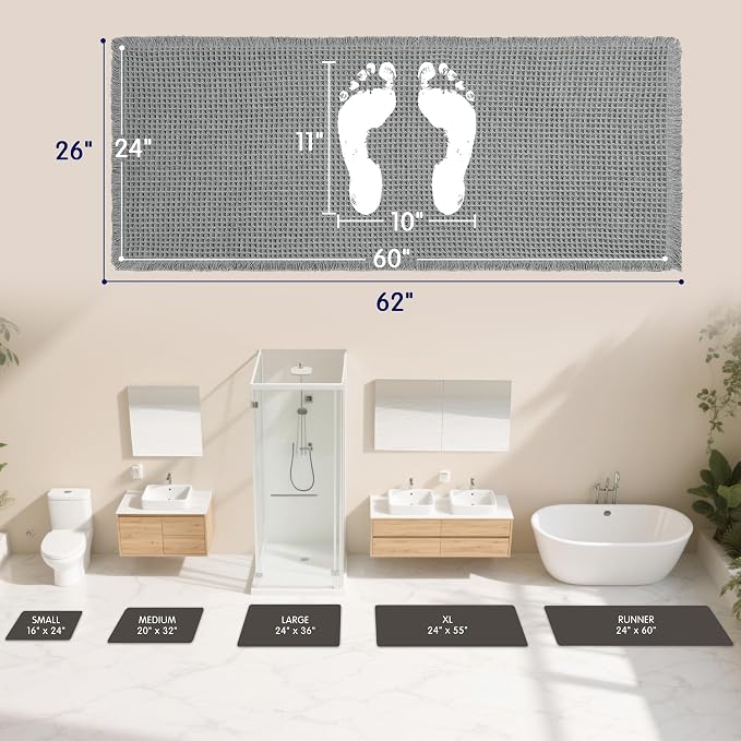 SUBRTEX Waffle Braided Bath Mat, 24" x 60" Soft Waffle Bath Rugs, Absorbent Non Slip Bathrooom Mats, Machine Washable Area Rug for Bathroom, Quick Dry, Gray