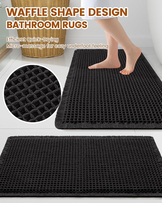 Smiry Waffle Bath Mat 30x18, Extra Soft Absorbent Bathroom Rugs, Non Slip Machine Washable Quick Dry Bath Rugs for Bathroom Floor, Tub, Shower, Home Decor Accessories, Black