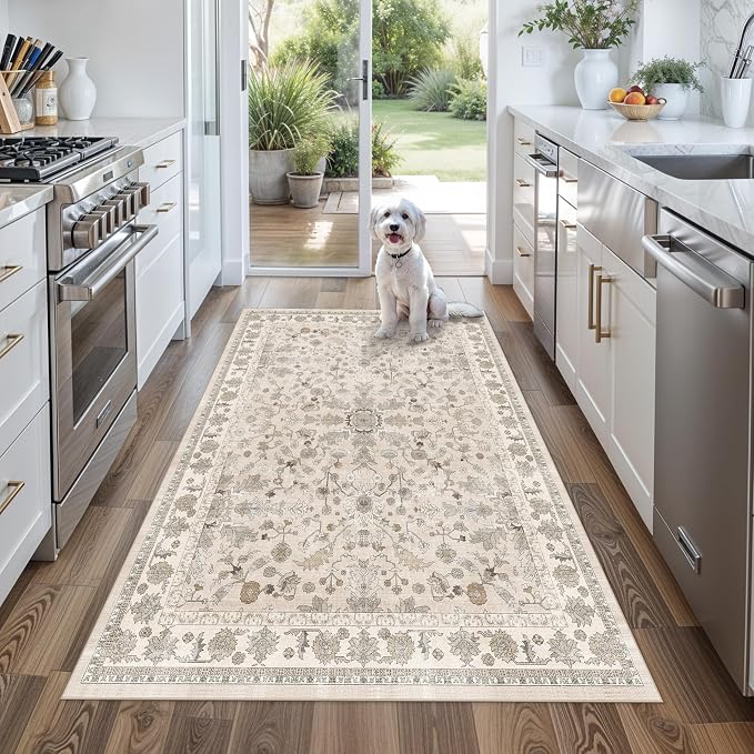 4x5 Washable Kitchen Entryway Rug – Non-Slip Soft Low Pile Indoor Carpet for Bathroom Living Room Bedroom – Boho Floral Small Throw Area Rug (Beige,4x5)