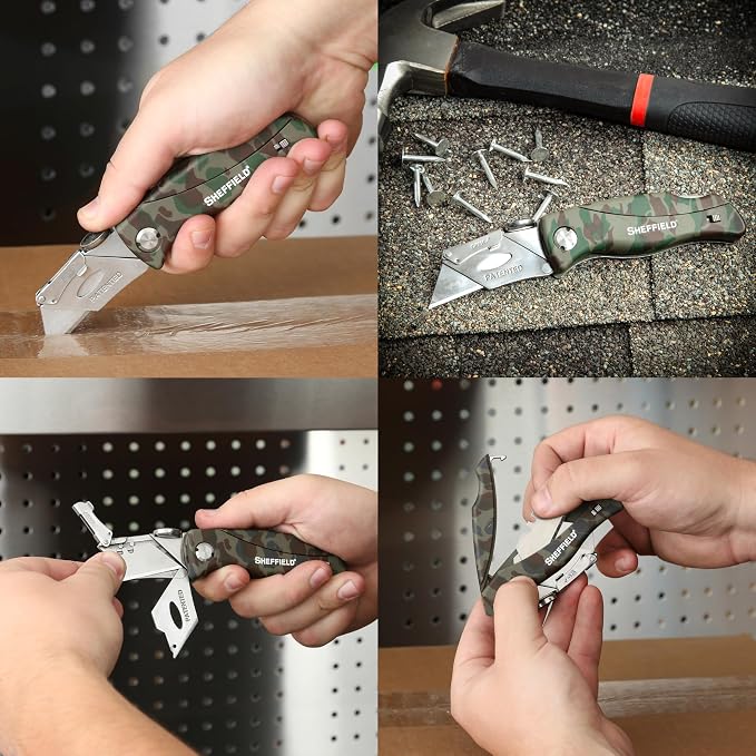 Sheffield Folding Utility Knife, Accepts Standard Utility Knife Blades, Box Cutter, Razor Blades Included, For Home, Office, Trades, and Warehouse