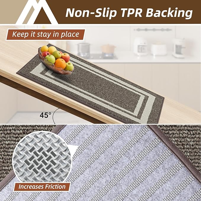 COSY HOMEER Kitchen Rugs Non-Slip 24x35/24x60 Inch Thick Polypropylene Standing Mat for Home Machine Washable, Brown Frame