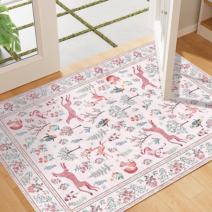 DUKINO 2x3 Rug, Washable Animal Rugs for Entryway, Non Slip Indoor Door Mat, Soft Low Pile Small Area Carpet for Entrance, Bedroom, Kitchen, Laundry, Bathroom, Pink