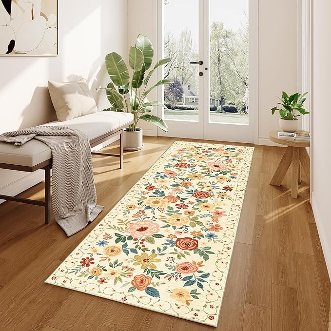 DUKINO Runner Rug, 2x10 Kitchen Hallway Carpet, Washable with Non-Slip Backing, Low Pile Soft Boho Floral for Entryway, Laundry, Bedroom, Beige Yellow