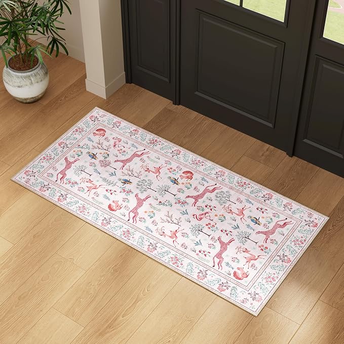 DUKINO 2x4 Rug for Hallway, Washable Kitchen Runner Rug with Non Slip Backing, Soft Low Pile Vintage Animal Runner for Bedroom, Kitchen, Hallway, Entryway, Laundry, Pink