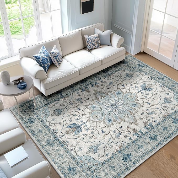 RELEANY Area Rugs 5'x7' Washable Non-Slip, Floral Vintage Distress Medallion Carpet for Living Room Bedroom Dining Room, Light Blue Navy Gray White