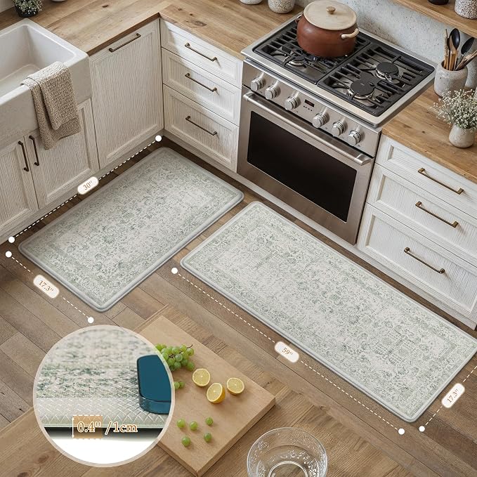 PureCozy Kitchen Mats 2PCS Anti Fatigue Cushioned Mat Light Green Vintage Kitchen Mats for Floor Waterproof Non Slip Comfort Standing Retro Floral Rug for Sink Laundry Office 17.3"x59"+17.3"x30"