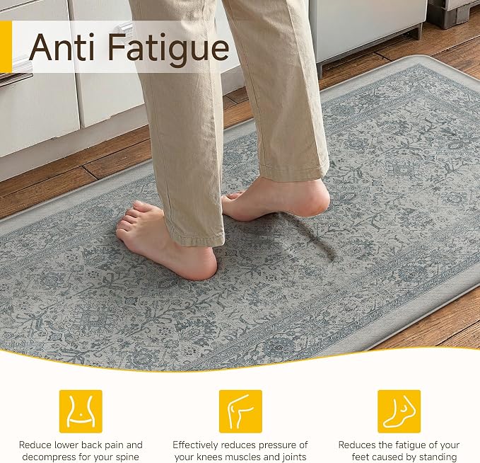 PureCozy Kitchen Mats 2PCS Anti Fatigue Cushioned Mat Blue Vintage Kitchen Mats for Floor Waterproof Non Slip Comfort Standing Distressed Rug for Sink Laundry Office 17.3"x59"+17.3"x30"
