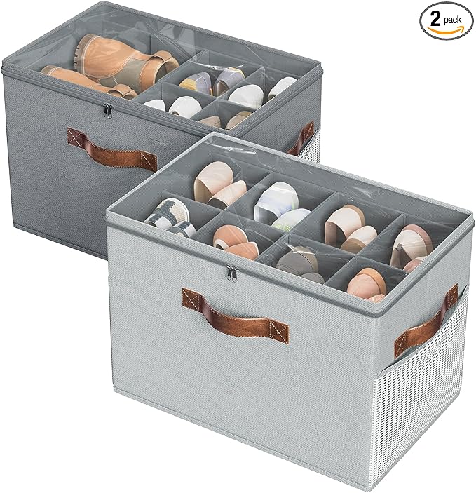Budding Joy 2 Pack Shoe Organizer for Closet, Clear Foldable Shoe Storage Containers Adjustable Dividers Fits 16 Pairs,Shoe Storage Bins Baskets Boxes with Reinforced Handles Light Grey Greenish Grey