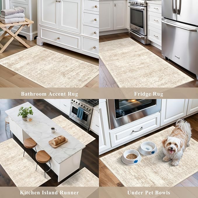Kitchen Rug Sets 3 Piece Washable – Non Slip Modern Boho Small Kitchen Rugs and Runner Set for Sink Entryway Bathroom Hallway – Soft Low Pile Floor Mats (Cream Beige, 2x3+2x4+2x5)