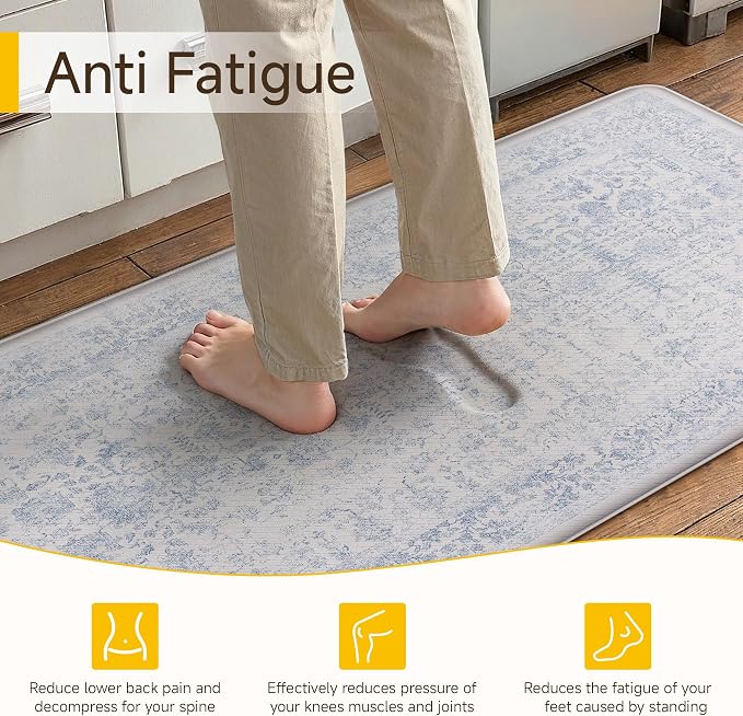 PureCozy Kitchen Mats 2PCS Anti Fatigue Cushioned Mat Light Blue Vintage Kitchen Mats for Floor Waterproof Non Slip Comfort Standing Retro Floral Rug for Sink Laundry Office 17.3"x59"+17.3"x30"