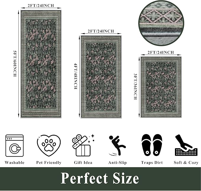 Kitchen Rugs 3 Piece Set, Washable Non-Slip Farmhouse Kitchen Mats for Hardwood Floor, Rustic Floral Boho Runner Rug for Sink,Entryway & Hallway & Bathroom (Dark/Green/Floral,2x3-2x4-2x5)