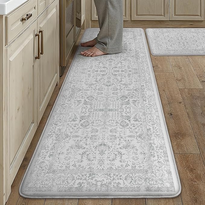 PureCozy Kitchen Mats 2PCS Anti Fatigue Cushioned Mat Gray Vintage Kitchen Mats for Floor Waterproof Non Slip Comfort Standing Grey Retro Floral Rug for Sink Laundry Office 17.3"x59"+17.3"x30"
