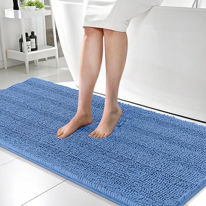 OLANLY Thick Bathroom Runner Rugs 59x24, Absorbent Chenille Striped Bath Rugs, Rubber Backing, Machine Wash, Extra Long Bath Mats for Bathroom, Tub and Shower, Home Decor Accessories, Cornflower Blue