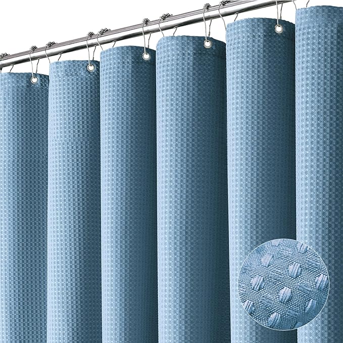 Dynamene Extra Wide Shower Curtain-108 Inch Wide Waffle Weave Weighted Thick Cloth Bathroom Shower Curtain, Neutral Heavy Duty Hotel Bath Curtain Set with 18 Plastic Hooks,108x72, Moonlight Blue