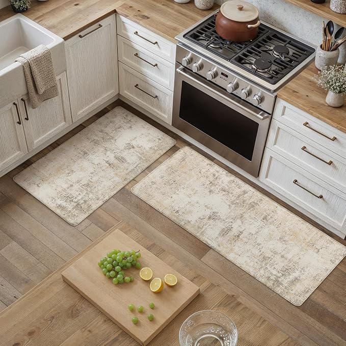 Kitchen Mats for Floor Set of 2 Anti Fatigue Waterproof Kitchen Rug Beige Grey Abstract Cushioned Non-Slip Kitchen Mats Comfort Standing Neutral Mat for Sink Laundry Office 17.3"×47"+17.3"×30"
