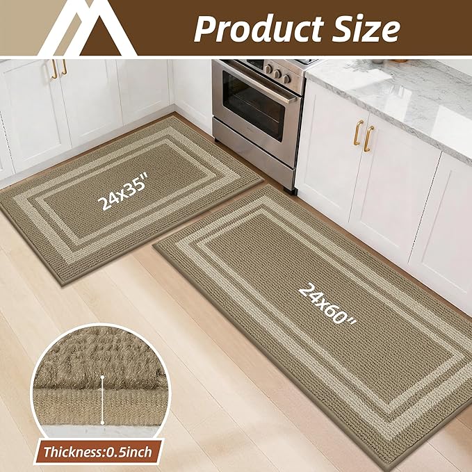 COSY HOMEER Kitchen Rugs Sets 2PCS,Non-Slip Washable Kitchen Mats for Floor,Absorbent and Stain Resistant Kitchen Runner Rugs for Kitchen Sink Laundry Entryway,24"x35"+24"x60",Beige